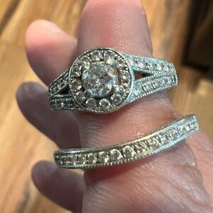 Silver Diamond Halo Engagement and Wedding Ring Set
